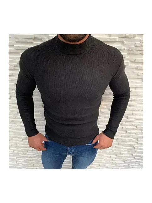Erkek Kaşkorse Boğazlı Full Likralı Fitilli Body Kazak - Siyah