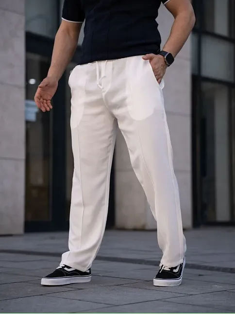 Erkek Keten Cepli Çıma Dikişli Jogger Buggy Pantalon Rahat Kalıp - Beyaz