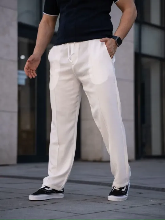 Erkek Keten Cepli Çıma Dikişli Jogger Buggy Pantalon Rahat Kalıp - Beyaz