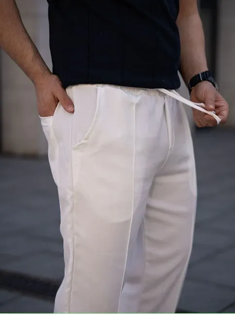 Erkek Keten Cepli Çıma Dikişli Jogger Buggy Pantalon Rahat Kalıp - Beyaz