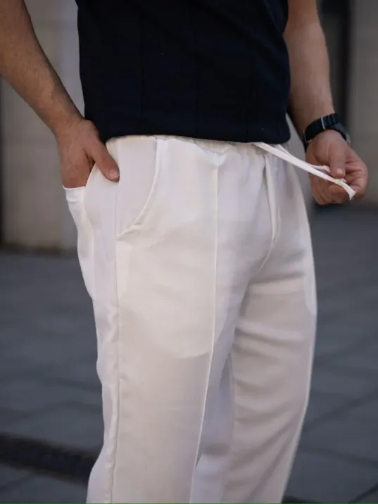 Erkek Keten Cepli Çıma Dikişli Jogger Buggy Pantalon Rahat Kalıp - Beyaz