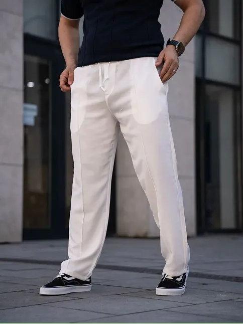 Erkek Keten Cepli Çıma Dikişli Jogger Buggy Pantalon Rahat Kalıp - Beyaz