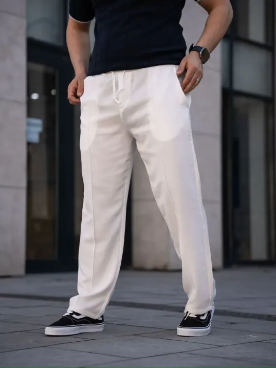 Erkek Keten Cepli Çıma Dikişli Jogger Buggy Pantalon Rahat Kalıp - Beyaz