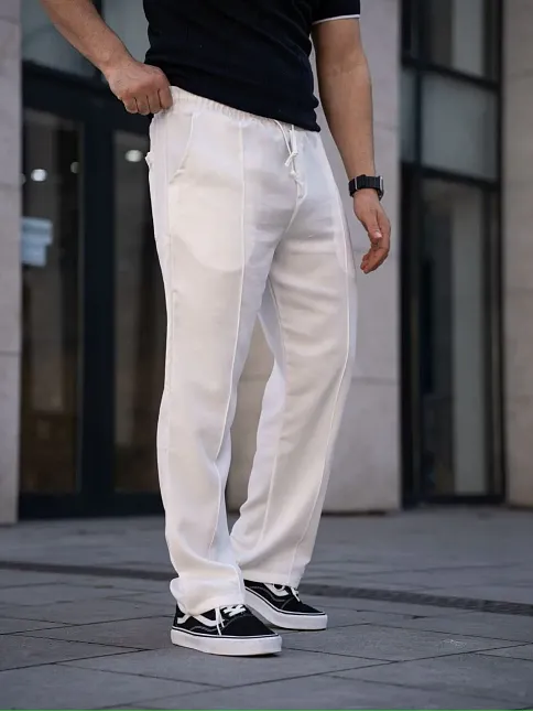 Erkek Keten Cepli Çıma Dikişli Jogger Buggy Pantalon Rahat Kalıp - Beyaz