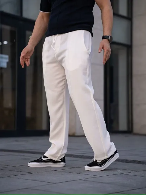 Erkek Keten Cepli Çıma Dikişli Jogger Buggy Pantalon Rahat Kalıp - Beyaz