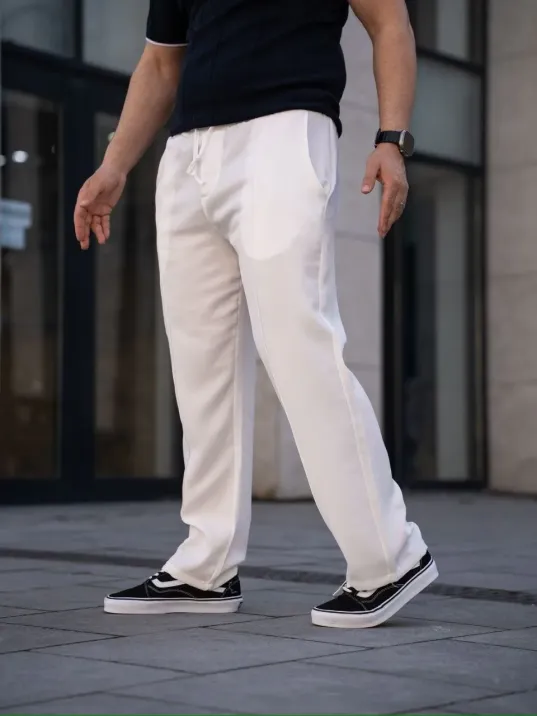 Erkek Keten Cepli Çıma Dikişli Jogger Buggy Pantalon Rahat Kalıp - Beyaz