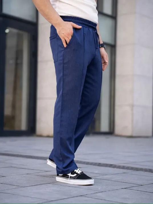 Erkek Keten Cepli Çıma Dikişli Jogger Buggy Pantalon Rahat Kalıp - Lacivert