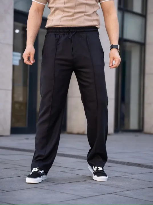 Erkek Keten Cepli Çıma Dikişli Jogger Buggy Pantalon Rahat Kalıp - Siyah