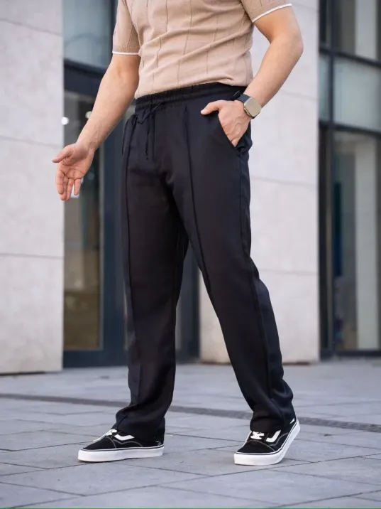 Erkek Keten Cepli Çıma Dikişli Jogger Buggy Pantalon Rahat Kalıp - Siyah
