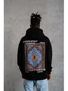 Erkek 3 İplik Pamuklu Kapüşonlu Baskılı Cepli Oversize Sweatshirt Hoodie - Siyah