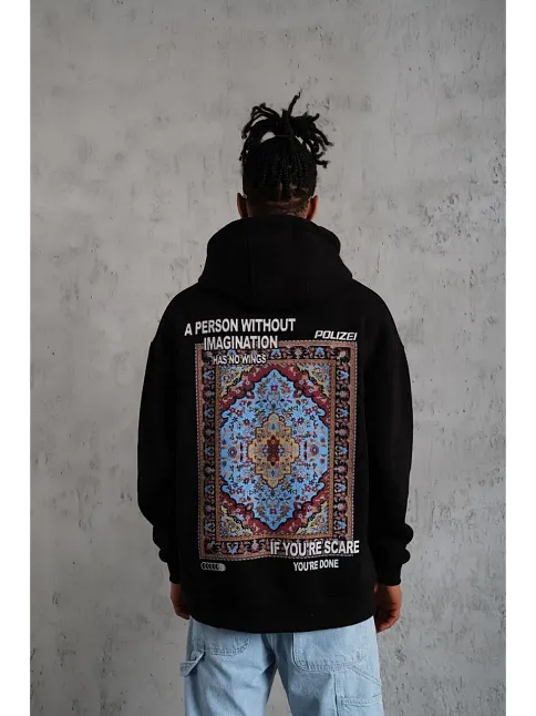 Erkek 3 İplik Pamuklu Kapüşonlu Baskılı Cepli Oversize Sweatshirt Hoodie - Siyah