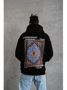 Erkek 3 İplik Pamuklu Kapüşonlu Baskılı Cepli Oversize Sweatshirt Hoodie - Siyah
