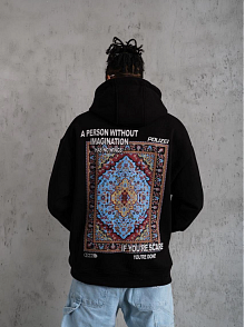 Erkek 3 İplik Pamuklu Kapüşonlu Baskılı Cepli Oversize Sweatshirt Hoodie - Siyah