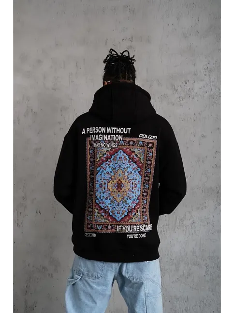 Erkek 3 İplik Pamuklu Kapüşonlu Baskılı Cepli Oversize Sweatshirt Hoodie - Siyah