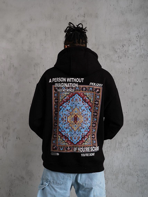 Erkek 3 İplik Pamuklu Kapüşonlu Baskılı Cepli Oversize Sweatshirt Hoodie - Siyah