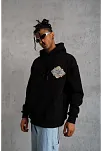 Erkek 3 İplik Pamuklu Kapüşonlu Baskılı Cepli Oversize Sweatshirt Hoodie - Siyah