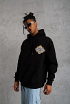 Erkek 3 İplik Pamuklu Kapüşonlu Baskılı Cepli Oversize Sweatshirt Hoodie - Siyah