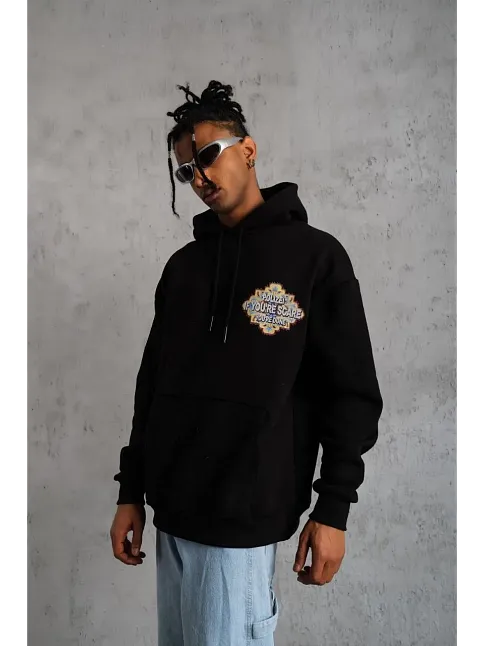Erkek 3 İplik Pamuklu Kapüşonlu Baskılı Cepli Oversize Sweatshirt Hoodie - Siyah