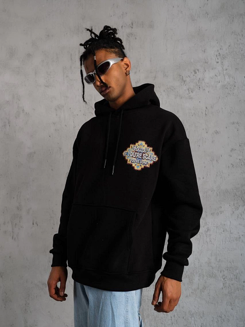 Erkek 3 İplik Pamuklu Kapüşonlu Baskılı Cepli Oversize Sweatshirt Hoodie - Siyah