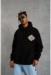 Erkek 3 İplik Pamuklu Kapüşonlu Baskılı Cepli Oversize Sweatshirt Hoodie - Siyah