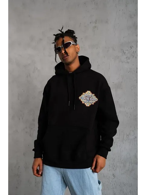 Erkek 3 İplik Pamuklu Kapüşonlu Baskılı Cepli Oversize Sweatshirt Hoodie - Siyah