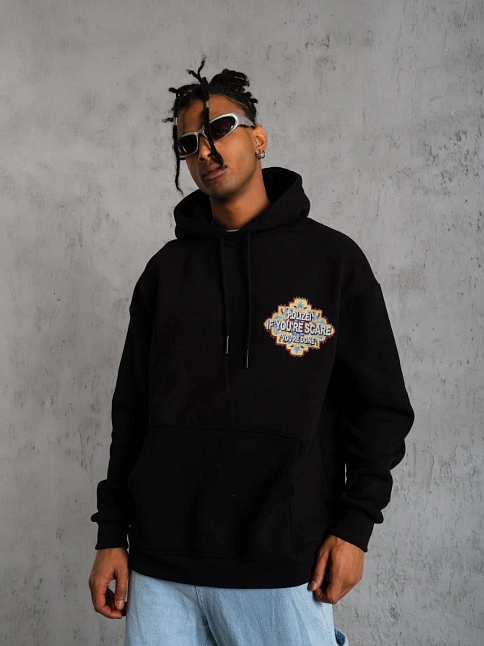 Erkek 3 İplik Pamuklu Kapüşonlu Baskılı Cepli Oversize Sweatshirt Hoodie - Siyah
