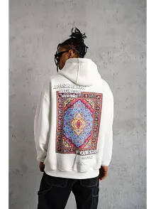 Erkek 3 İplik Pamuklu Kapüşonlu Baskılı Cepli Oversize Sweatshirt Hoodie - Beyaz