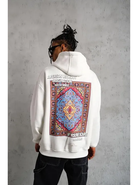Erkek 3 İplik Pamuklu Kapüşonlu Baskılı Cepli Oversize Sweatshirt Hoodie - Beyaz