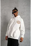 Erkek 3 İplik Pamuklu Kapüşonlu Baskılı Cepli Oversize Sweatshirt Hoodie - Beyaz