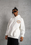 Erkek 3 İplik Pamuklu Kapüşonlu Baskılı Cepli Oversize Sweatshirt Hoodie - Beyaz