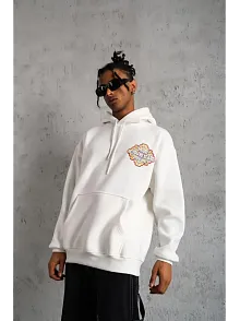 Erkek 3 İplik Pamuklu Kapüşonlu Baskılı Cepli Oversize Sweatshirt Hoodie - Beyaz