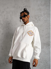 Erkek 3 İplik Pamuklu Kapüşonlu Baskılı Cepli Oversize Sweatshirt Hoodie - Beyaz