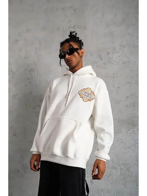 Erkek 3 İplik Pamuklu Kapüşonlu Baskılı Cepli Oversize Sweatshirt Hoodie - Beyaz