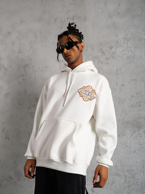 Erkek 3 İplik Pamuklu Kapüşonlu Baskılı Cepli Oversize Sweatshirt Hoodie - Beyaz