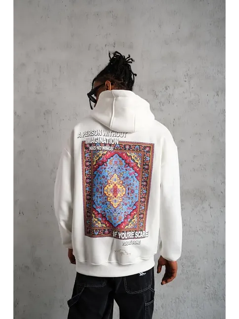 Erkek 3 İplik Pamuklu Kapüşonlu Baskılı Cepli Oversize Sweatshirt Hoodie - Beyaz
