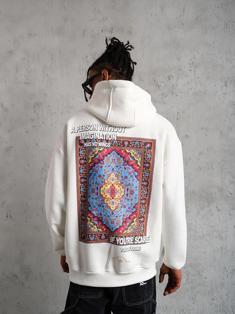 Erkek 3 İplik Pamuklu Kapüşonlu Baskılı Cepli Oversize Sweatshirt Hoodie - Beyaz