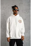 Erkek 3 İplik Pamuklu Kapüşonlu Baskılı Cepli Oversize Sweatshirt Hoodie - Beyaz
