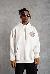 Erkek 3 İplik Pamuklu Kapüşonlu Baskılı Cepli Oversize Sweatshirt Hoodie - Beyaz