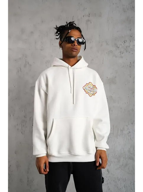 Erkek 3 İplik Pamuklu Kapüşonlu Baskılı Cepli Oversize Sweatshirt Hoodie - Beyaz