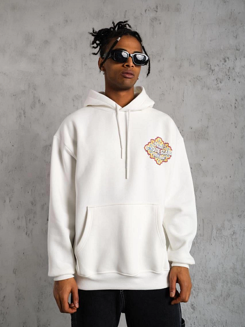 Erkek 3 İplik Pamuklu Kapüşonlu Baskılı Cepli Oversize Sweatshirt Hoodie - Beyaz