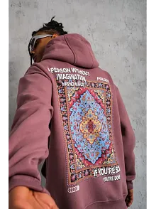 Erkek 3 İplik Pamuklu Kapüşonlu Baskılı Cepli Sweatshirt Hoodie - Gül Kurusu