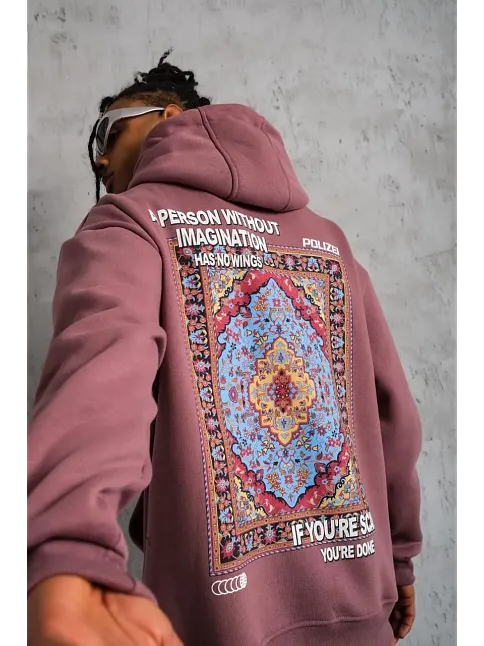 Erkek 3 İplik Pamuklu Kapüşonlu Baskılı Cepli Sweatshirt Hoodie - Gül Kurusu