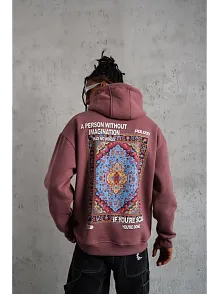 Erkek 3 İplik Pamuklu Kapüşonlu Baskılı Cepli Sweatshirt Hoodie - Gül Kurusu