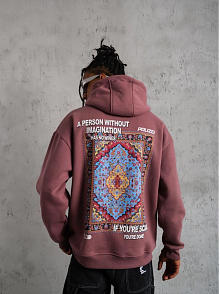Erkek 3 İplik Pamuklu Kapüşonlu Baskılı Cepli Sweatshirt Hoodie - Gül Kurusu