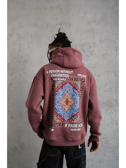 Erkek 3 İplik Pamuklu Kapüşonlu Baskılı Cepli Sweatshirt Hoodie - Gül Kurusu