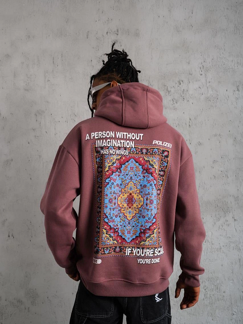 Erkek 3 İplik Pamuklu Kapüşonlu Baskılı Cepli Sweatshirt Hoodie - Gül Kurusu