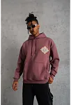 Erkek 3 İplik Pamuklu Kapüşonlu Baskılı Cepli Sweatshirt Hoodie - Gül Kurusu