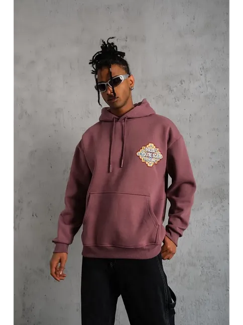 Erkek 3 İplik Pamuklu Kapüşonlu Baskılı Cepli Sweatshirt Hoodie - Gül Kurusu