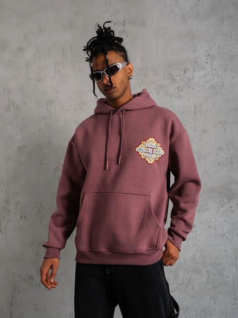 Erkek 3 İplik Pamuklu Kapüşonlu Baskılı Cepli Sweatshirt Hoodie - Gül Kurusu