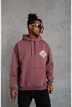 Erkek 3 İplik Pamuklu Kapüşonlu Baskılı Cepli Sweatshirt Hoodie - Gül Kurusu